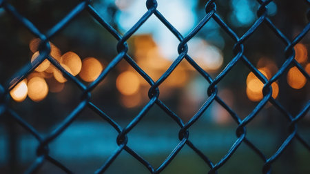Chain link fence in focus surrounded by soft bokeh lights reflecting an evening atmosphere.の素材