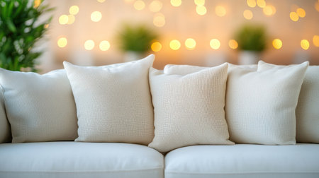 Soft white sofa adorned with textured cushions, illuminated by soft warm lights in the background.の素材