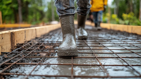 Workers in rubber boots navigate wet concrete at a construction site with lush green surroundings.の素材
