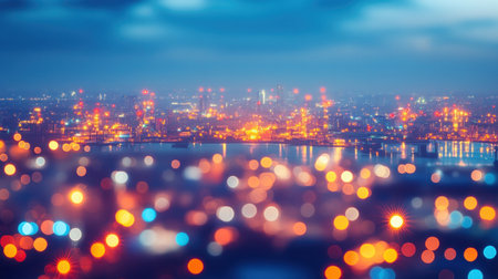 Colorful lights of an industrial city reflect on water during twilight hours, creating a vibrant atmosphere.の素材