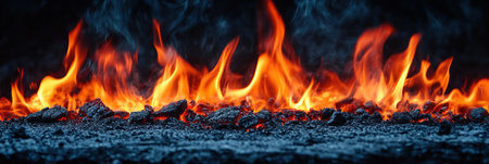 Bright flames rise from burning charcoal, illuminating the dark surroundings during a nighttime event.の素材
