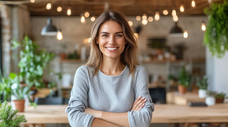 Woman with long hair smiles confidently with crossed arms in a warm and inviting cafe environment.の素材