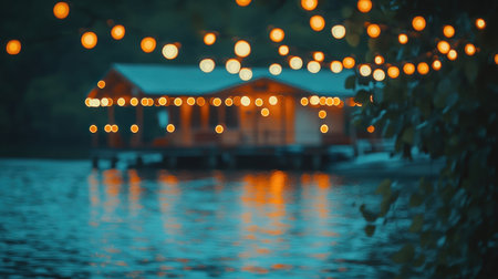 A charming cabin by the lake is aglow with soft, warm lights while the water reflects an orange hue.の素材