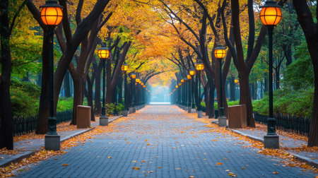 A serene pathway surrounded by vibrant autumn foliage and elegant street lamps creates a peaceful atmosphere.の素材