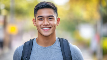 A young man stands with a big smile in a bright outdoor setting surrounded by trees.の素材