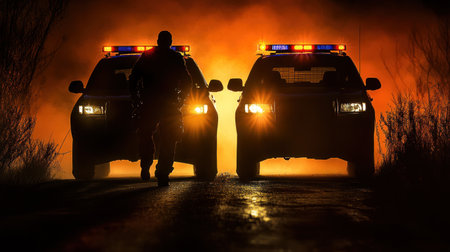 Two police vehicles stand with lights flashing as an officer approaches in the dark, smoky atmosphere.の素材