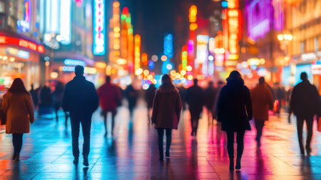 Groups of people stroll along a bustling urban street filled with bright lights after sunset.の素材