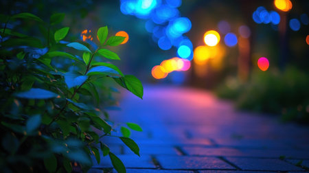 Lush foliage borders a beautifully illuminated pathway, evoking a peaceful evening ambiance for passersby.の素材
