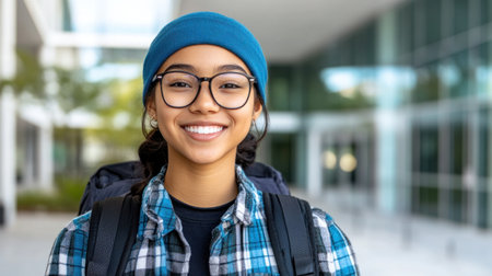 Young woman in glasses and a blue beanie smiles in a campus area with modern architecture.の素材