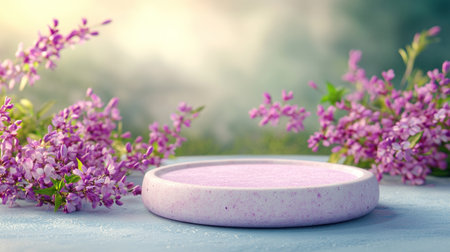A pastel dessert sits elegantly next to vibrant lilac flowers under a soft daylight ambiance.の素材