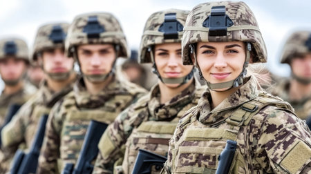 Soldiers stand in formation showcasing teamwork and focus while participating in training exercises.の素材