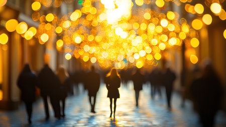 People walk along a vibrant street adorned with bright glowing lights at dusk.の素材