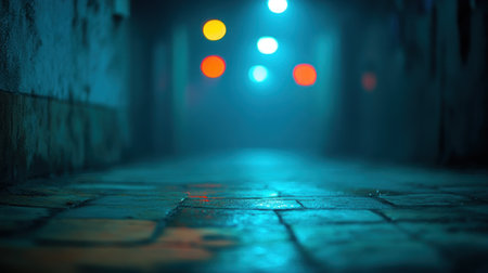 A narrow alleyway is dimly lit, revealing cobblestones glistening from moisture under colorful lights.の素材