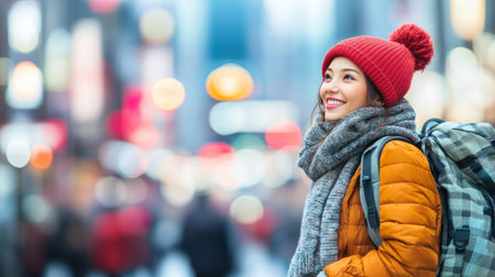 A young woman smiles while walking through a vibrant city atmosphere during winter, wearing warm clothing.の素材