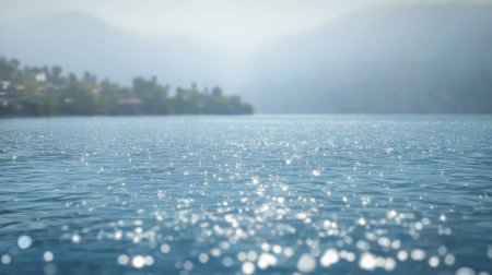 Calm water glistens under sunlight while distant hills create a tranquil backdrop on a clear day.の素材