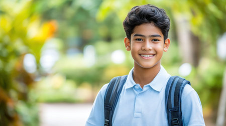 A cheerful boy stands confidently in a park with lush greenery around him on a sunny day.の素材