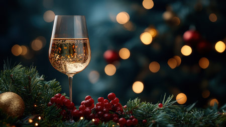 A sparkly drink sits on festive greenery with red berries and ornaments for winter cheer.の素材