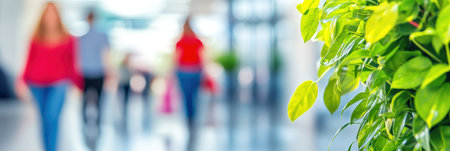 People stroll through a lively corridor lined with lush greenery and natural light flooding in.の素材