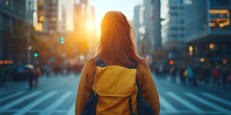 A person walks across a busy street in an urban area during sunset, with skyscrapers in the background.の素材