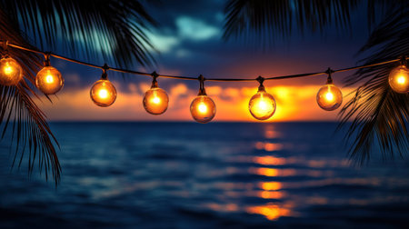 Warm glow from string lights enhances the beauty of a stunning beach sunset over the ocean.の素材
