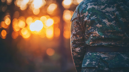 A soldier stands quietly in a forest, gazing at the sunset and contemplating their mission and service.の素材