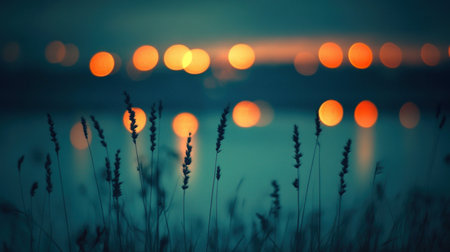 Grasses glow softly against a backdrop of twinkling lights over calm water during twilight.の素材