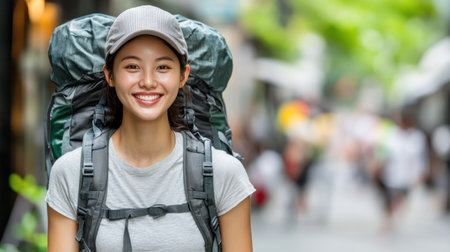 A cheerful traveler in a gray cap enjoys exploring a lively urban area filled with people and greenery.の素材