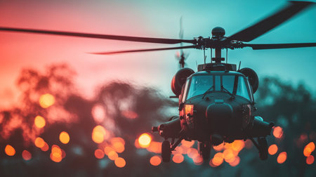 Helicopter takes off as the sun sets, casting colorful reflections against a blurred city skyline.の素材