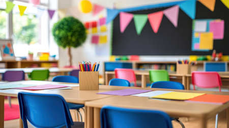 Bright classroom with colorful chairs and various art supplies ready for creative learning activities.の素材