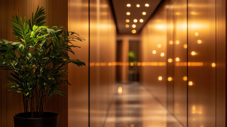 A plant stands in a sleek hallway illuminated by warm lighting, enhancing the tranquil setting of the hotel.の素材