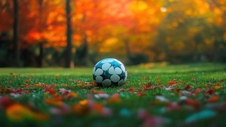 A soccer ball lies on vibrant fallen leaves in a park, surrounded by the warm colors of autumn.の素材