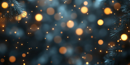 Soft lights twinkle amid evergreen branches, creating a cozy winter ambiance during the holiday season.の素材