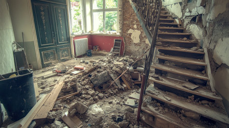 Debris and materials litter a staircase in a rundown building during renovations.の素材