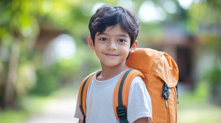 A boy with a cheerful expression carries an orange backpack while walking on a sunny day.の素材