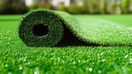 Bright green artificial grass is being unrolled for installation in a residential outdoor space.の素材