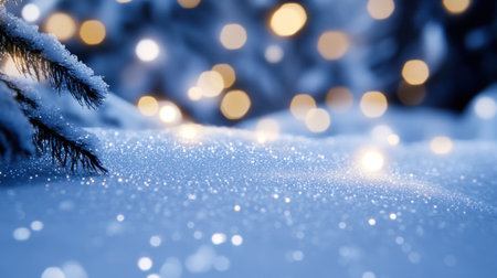 Softly falling snow blankets the ground while glowing lights illuminate the winter forest at dusk.の素材