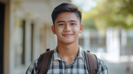 Happy student stands outdoors, enjoying the day with a backpack and warm smile in a school setting.の素材