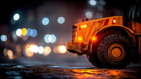 A large construction vehicle stands illuminated against a backdrop of city lights at night.の素材