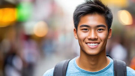 A young man stands confidently, smiling in a bustling city street, showcasing a lively atmosphere.の素材