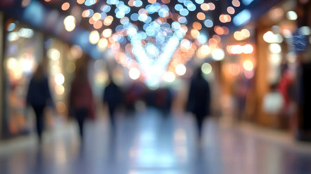 People walk through a brightly lit shopping arcade decorated with festive lights at night.の素材
