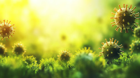 Colorful microorganisms are actively floating in a lush green setting under warm sunlight.の素材