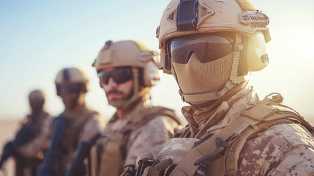 Soldiers in tactical gear stand in formation, showing their readiness and focus during a training exercise.の素材