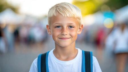 Young boy with short blonde hair and a bright smile stands confidently at a lively outdoor event.の素材