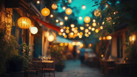 Outdoor dining setup featuring twinkling lights and plants in a cozy alley during twilight.の素材