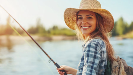Woman enjoys fishing by the river, smiling at the camera while wearing a straw hat and plaid attire.の素材