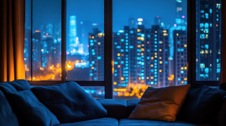 A comfortable sofa is positioned by a large window, offering a vibrant view of city lights at night.の素材
