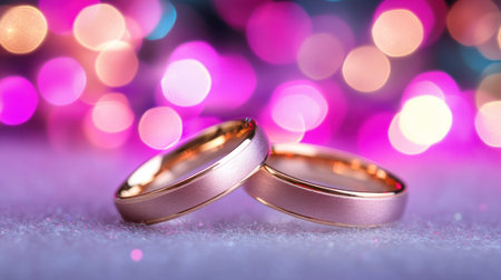 Two beautiful wedding rings shine against a soft background of vibrant bokeh lights adding a festive touch.の素材
