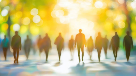 Group of people strolls along a radiant park pathway, surrounded by colorful autumn foliage and sunlight.の素材