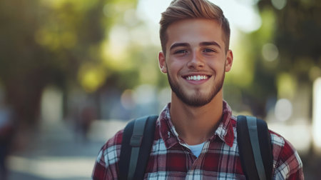 Smiling young man poses in a sunny park wearing a checked shirt and backpack, enjoying the day.の素材