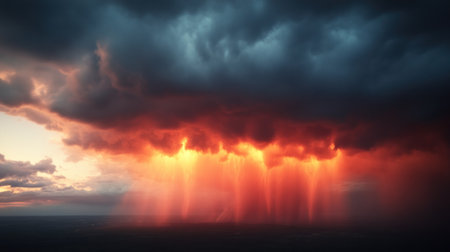 Bright colors illuminate the sky as rain falls from dark clouds at sunset, creating a striking vista.の素材